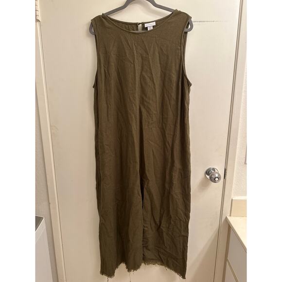 Liz Claiborne Women Linen Green Fringe Tunic Lagenlook Minimalist Maxi Dress XL - Picture 1 of 5